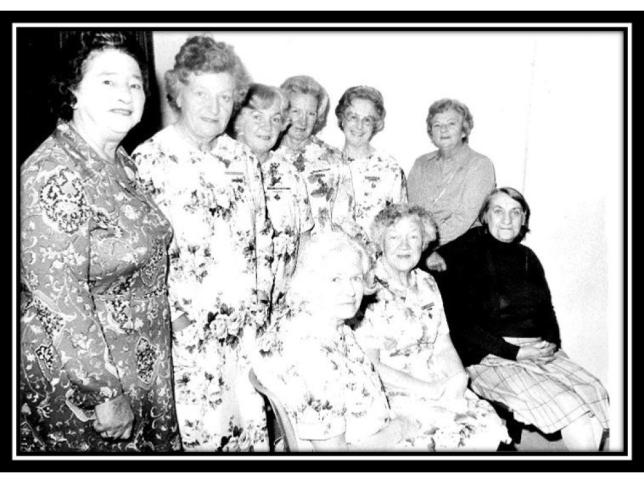 Members of the Frankston Hospital Pink Ladies from the 1980s sitting and standing