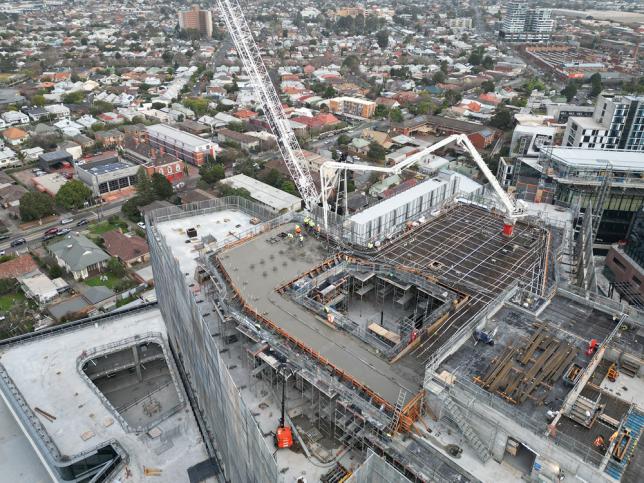 Drone view of New Footscray Hospital construction with cranes