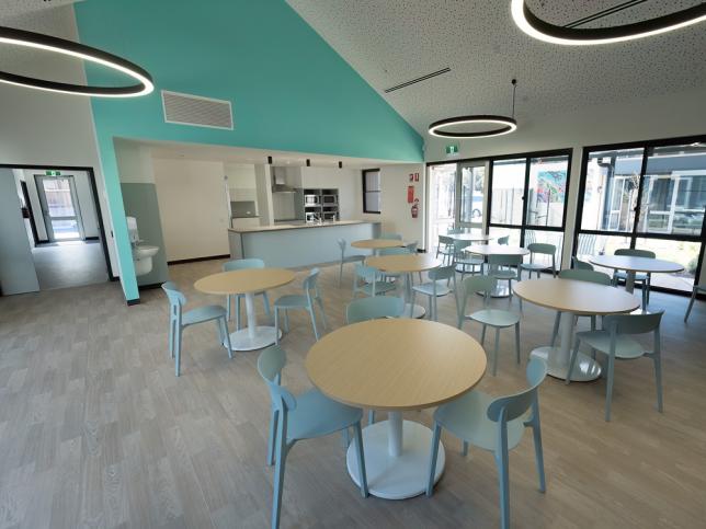 Light filled shared kitchen and dining areas.