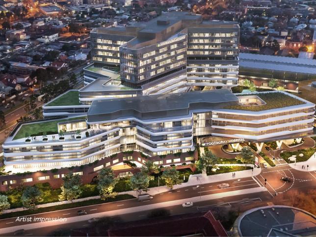 Artist impression of the new Footscray Hospital lit up at night