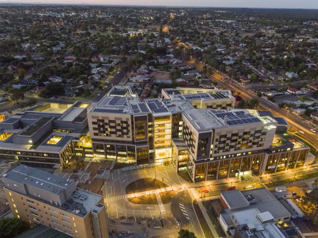 Aerial view of Bendigo Hospital exterior at dusk