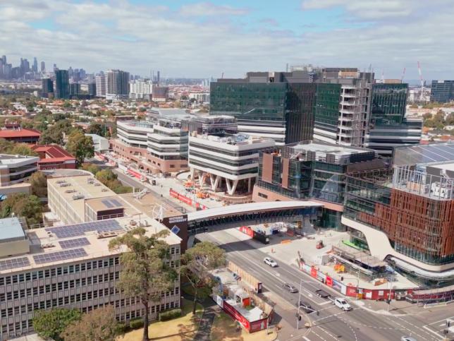 Aerial view of pedestrian footbridge connecting new Footscray Hospital and Victoria University