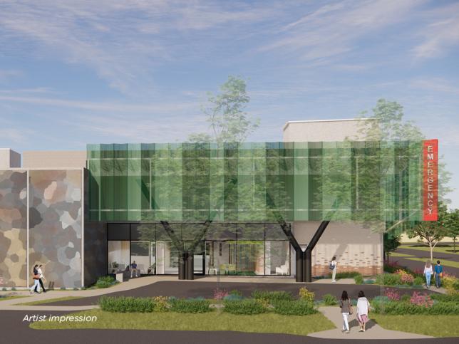 Artist impression of the exterior of the new Swan Hill emergency department, showing a green and grey building 