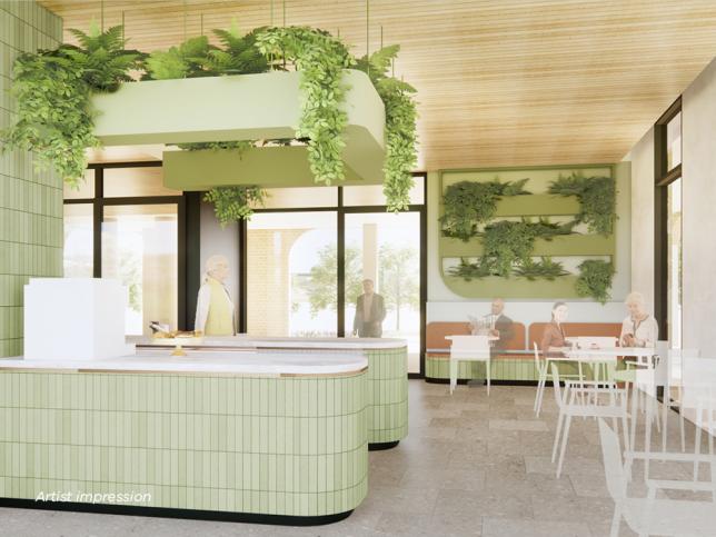 Artist impression of a cafe with green tiles and hanging plants