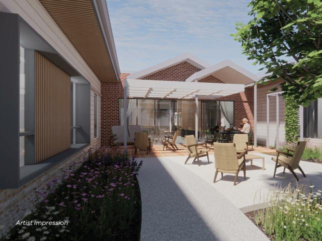 Artist impression of an outdoor courtyard area at the Rutherglen aged care facility