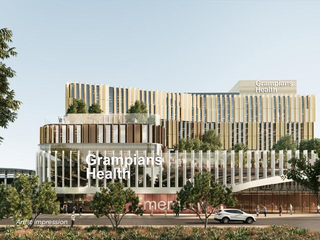 Artist impression of the new entrance at Ballarat Base Hospital, a three storey building with an "Emergency" sign on the ground floor and a sign that reads "Grampians Health" on the exterior of the first floor