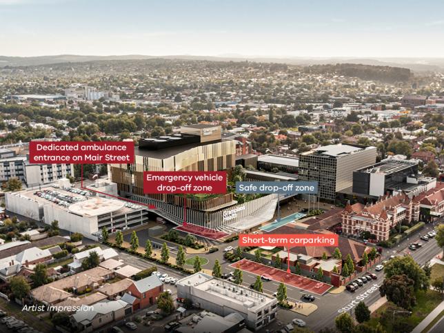 Labelled artist impression of the new entrance at Ballarat Base Hospital. Labels show the dedicated ambulance entrance on Mair Street, the emergency vehicle drop-off zone, the safe drop-off zone and the short-term carparking.