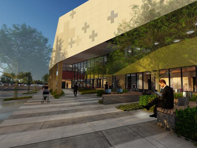 Artist impression of the Barwon Health North exterior, with people sitting on benches and next to greenery beside the building