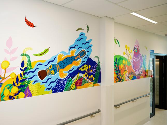 A mural depicting Australian wildlife at the new paediatric ward at Goulburn Valley Health Shepparton Hospital