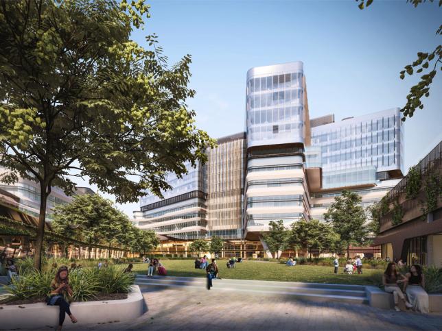 Artist impression of New Footscray Hospital looking across the village green to the building