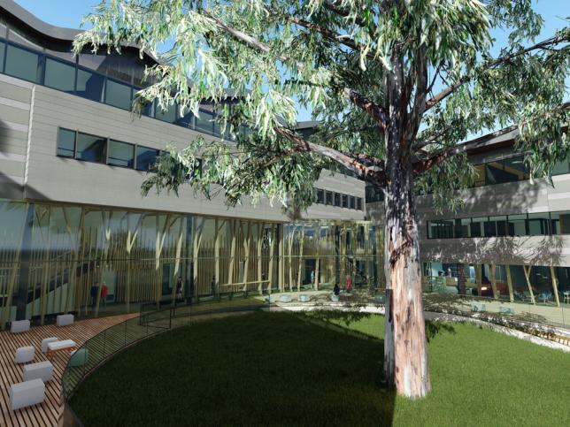 Artist impression of a round green space with a tree in the middle, surrounded by building and outdoor decking