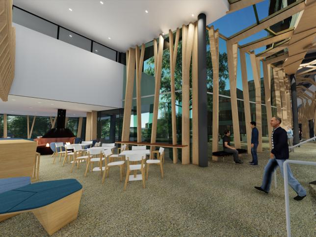 Artist impression of a seating area with tables and chairs in the new Orygen building