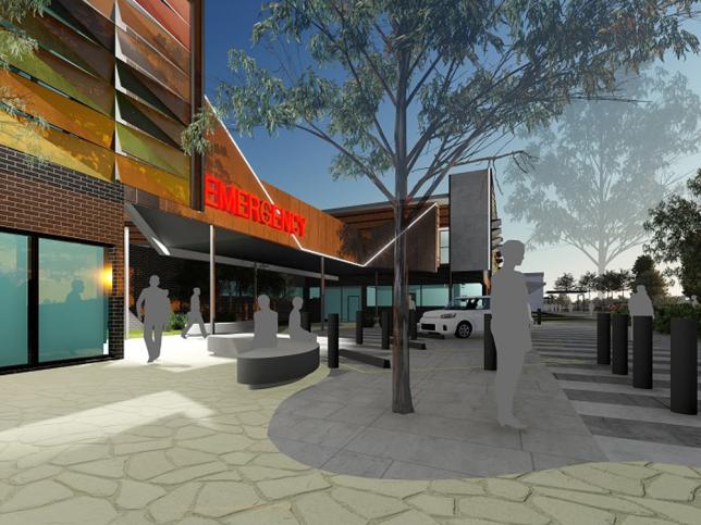 Artist impression of side angle of Shepparton Hospital entrance, with people sitting on concrete benches and standing beside a tree