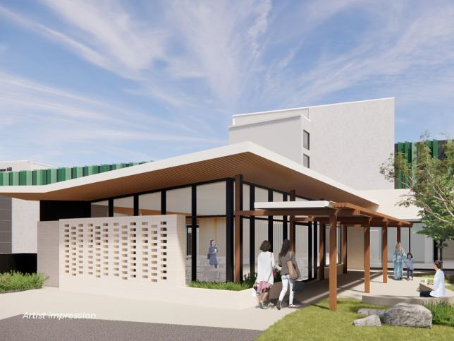 Artist impression of the brown and white café on the Swan Hill hospital campus 