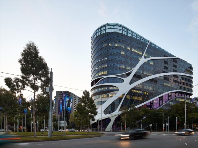 A street view of the completed exterior of the Victorian Comprehensive Cancer Centre 