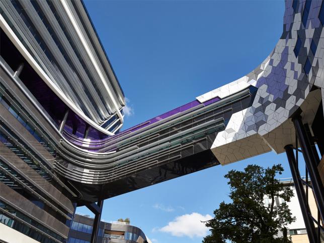 Exterior view of the aerial walkway between areas of the Victorian Comprehensive Cancer Centre