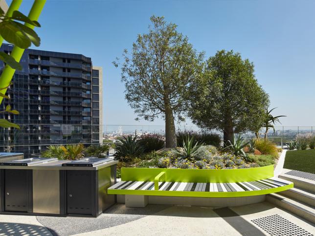 A barbeque and metal bench in front of a plant bed with trees and other plants