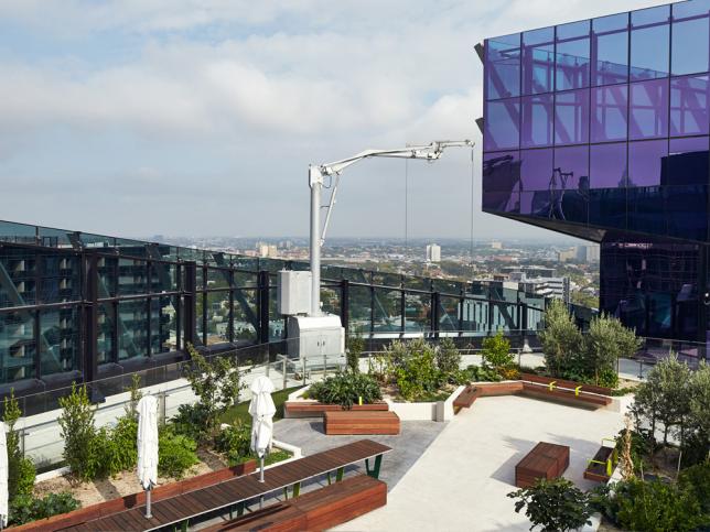 Aerial view of plant beds with greenery inside and timber tables and seating in a rooftop courtyard