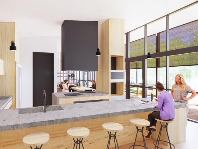 Artist's impression of the kitchen including stools and a large bench top of the North West YPARC facility