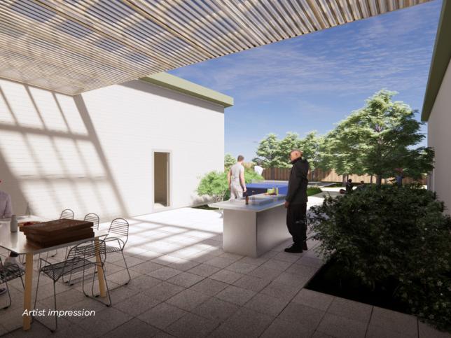 Artist impression of an outdoor area with barbeque, table and chairs and trees and shrubs