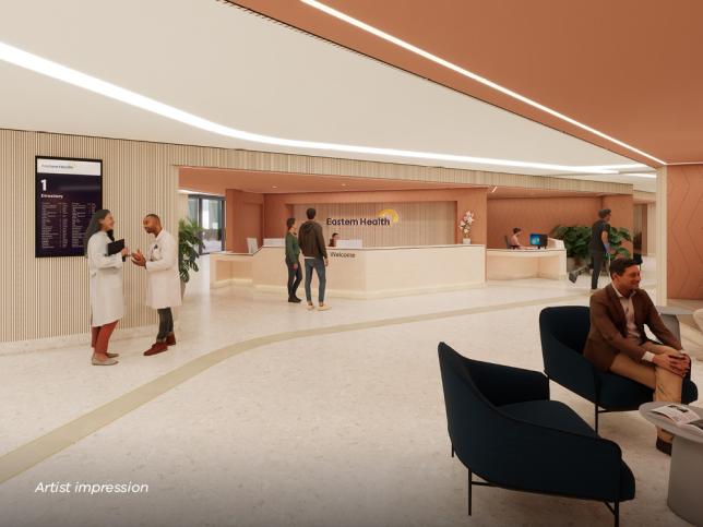 An artist impression of a reception area with white floors and ceiling, and terracotta coloured walls. There are two reception desks and a seating area features couches and chairs