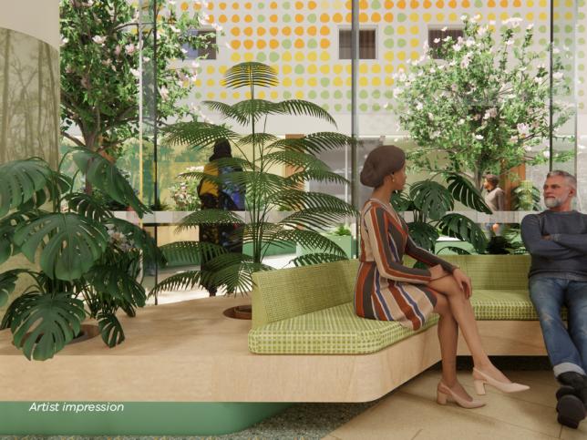 Artist impression of a seating area with green lounges and plants