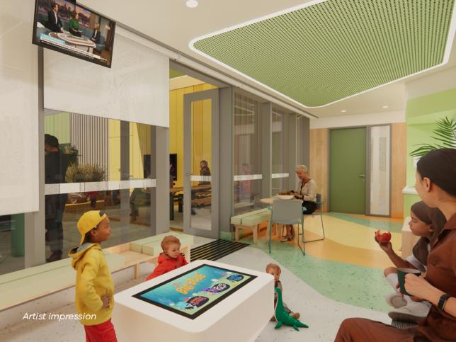 Artist impression of a green and white lounge area with glass walls, seating and toys