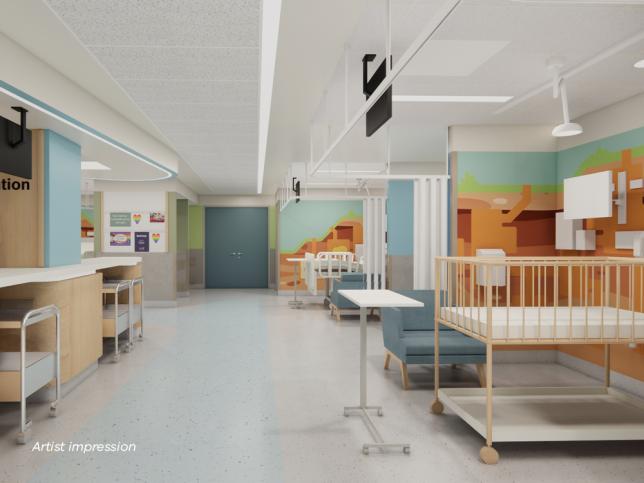 Artist impression of a paediatric emergency department with wall graphics, white ceilings and floors, and cots