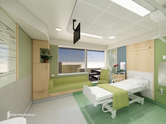 Artist impression of a patient room, with white, green and timber floors and walls, a window in the furthest wall, a bed placed centrally, and a TV mounted to the ceiling