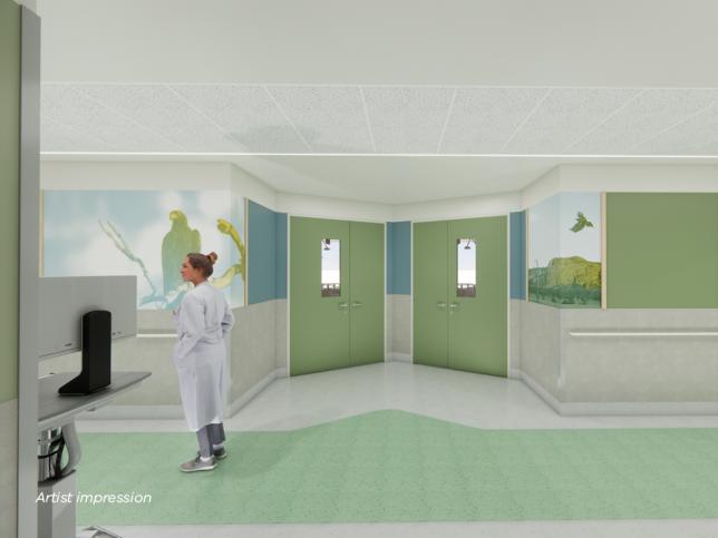 Artist impression of wall graphics on a green wall in a corridor