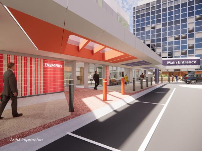 Artist impression of a pedestrian entrance area, with parking spaces and bollards. The facade is red and white