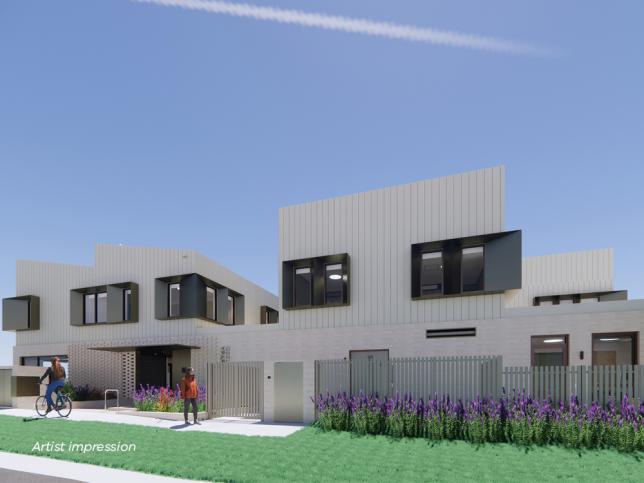 Artist impression of the front entrance of the Geelong YPARC, with a white facade visible and grass in front of the building