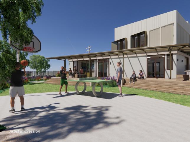 Artist impression of an outdoor area, with a basketball court and table tennis table, with a two-storey building with white facade in the background