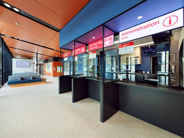 Interior of new Albury Wodonga emergency department with an 'Administration' sign