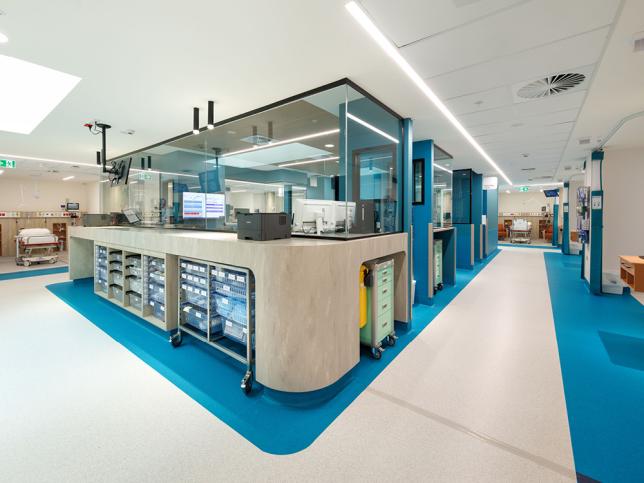 Staff base with blue carpet in Albury Wodonga emergency department