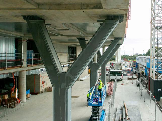 Y-shaped columns supporting concrete above on a construction site