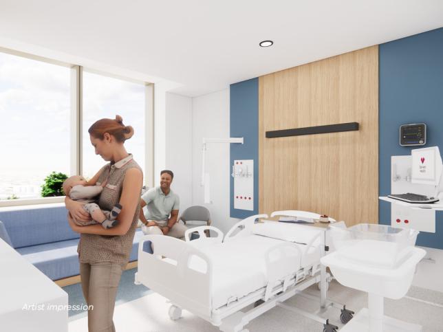 Artist impression of maternity inpatient room at Barwon Women's and Children's