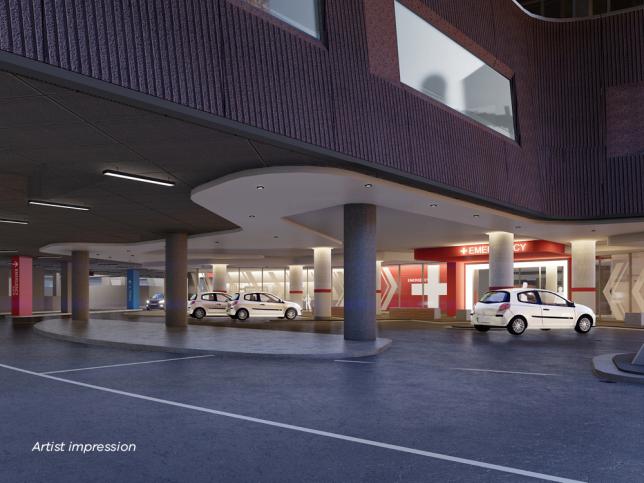 Artist impression of an emergency department entrance with multiple parking spots