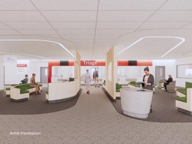 Artist impression of a waiting area with padded seats and a triage reception desk