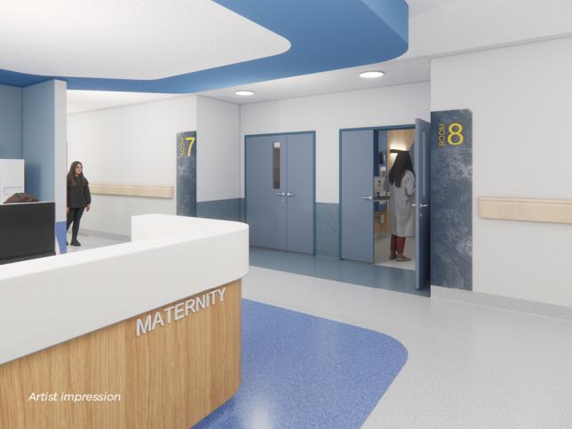 Artist impression of a ward area with a reception desk and blue doors leading to rooms