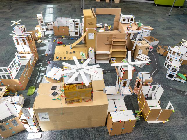 A model hospital redevelopment built out of cardboard and paper