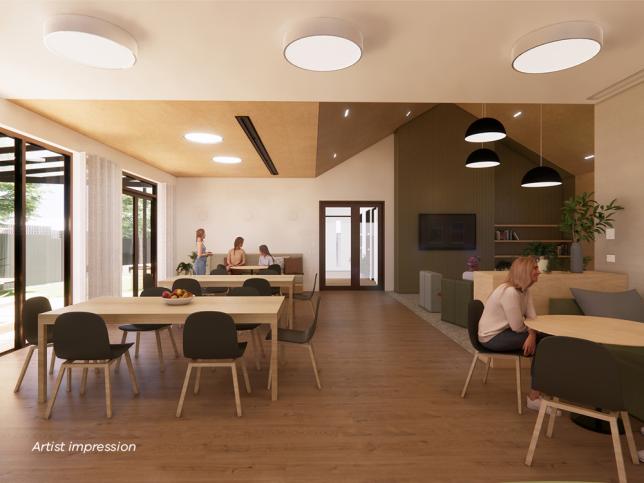 Artist impression of a large room with tables and chairs with people sitting at a table in the background.