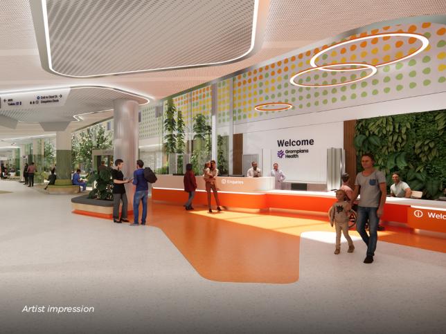 Artist impression of a light-filled welcome area, with white and orange flooring and white walls with greenery