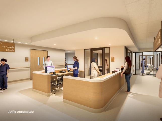 Artist impression: a staff station with staff standing behind a desk area talking to patient