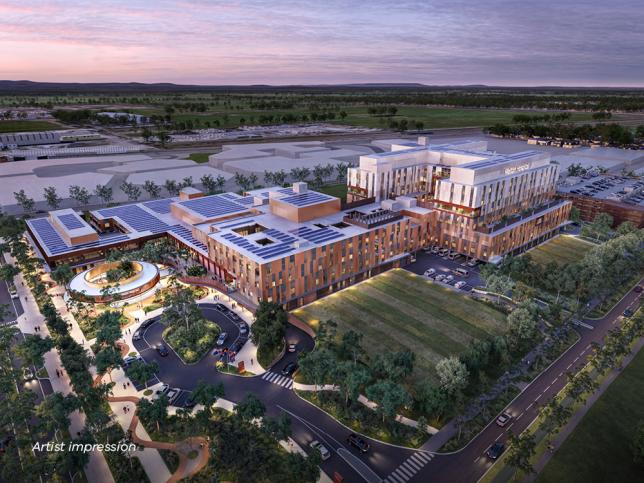 Artist impression of an aerial view of the new Melton Hospital at dusk