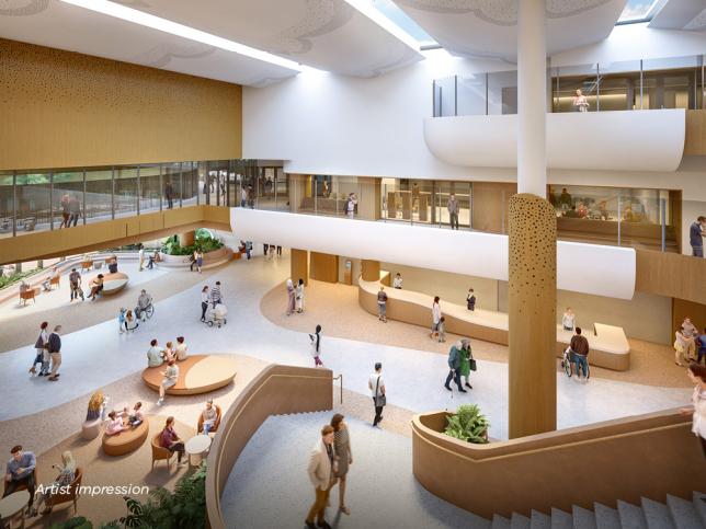 Artist impression: calming interiors in the main foyer, showing people sitting and walking a large room with stairs in the foreground and multiple levels in the background