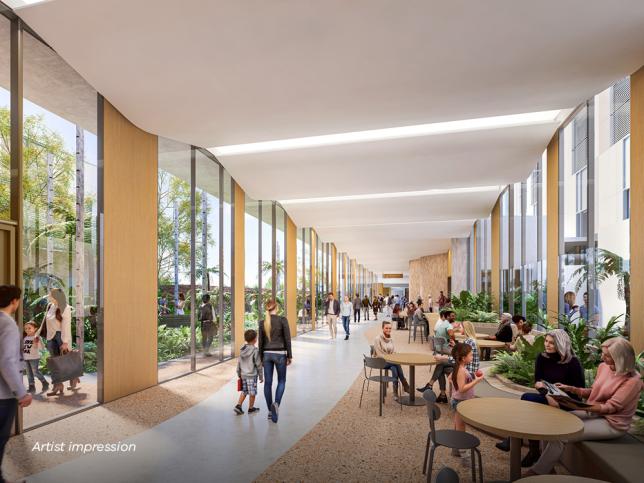 Artist impression: connections to green and outdoor spaces with people sitting on tables and walking down hallway with greenery in windows.