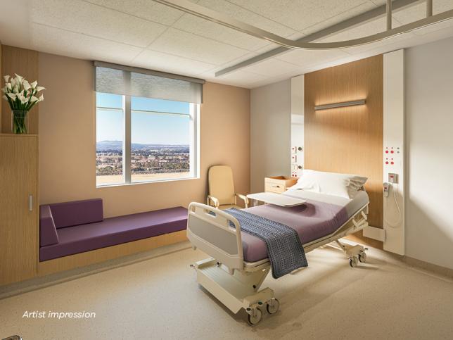 Artist impression: a light-filled patient room with a empty bed in the foreground and sunlight coming through a window in the background