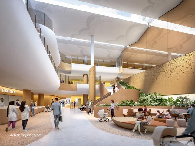 Artist impression:  main reception area of new Melton Hospital, showing people walking down a large hallway with high ceilings