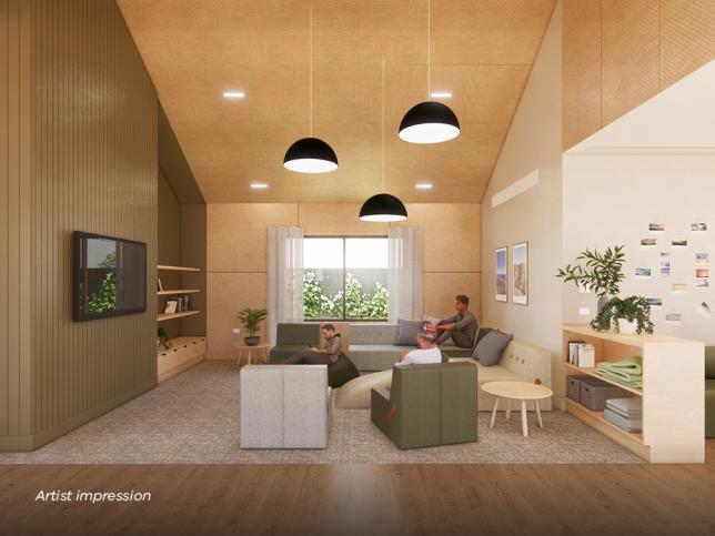 artist impression of a room with high ceilings with couches and lounge furniture and lights hanging down from above.